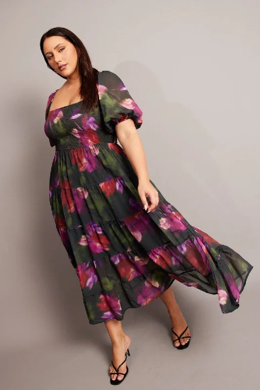 Midi dresses with abstract art prints for an artistic statementBlack Floral Midi Dress Short Sleeve Tiered