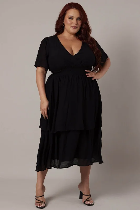 Midi dresses with gathered skirts for a full and flowing silhouetteBlack Midi Dress Crossover Bust Flare Sleeve