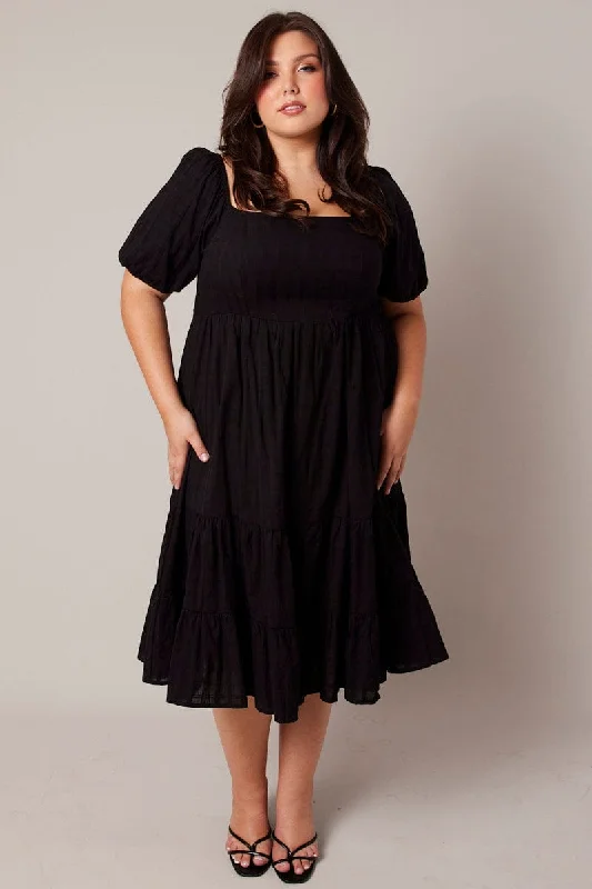 Midi dresses with polka dot prints for a playful summer outfitBlack Midi Dress Puff Sleeve Square Neck Textured