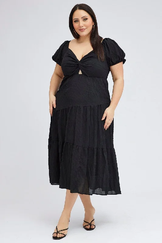 Midi dresses with geometric cutouts for a contemporary and edgy lookBlack Midi Dress Short Sleeve Cut Out