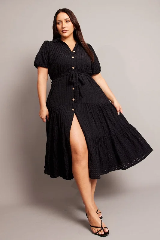 Midi dresses with tassel accents for a bohemian and free - spirited styleBlack Midi Dress Short Sleeve Shirt