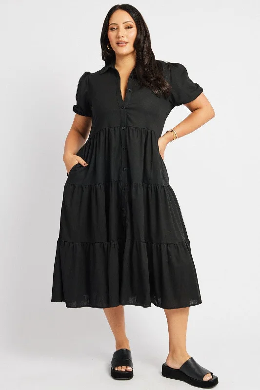 Midi dresses with geometric cutouts for a contemporary and edgy lookBlack Midi Dress Short Sleeve Shirt