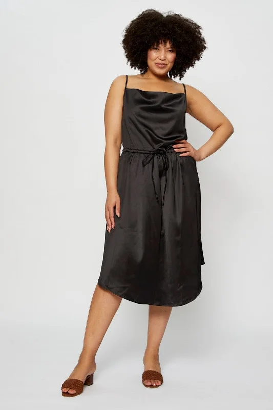 Midi dresses with geometric cutouts for a contemporary and edgy lookBlack Midi Satin Dress Cowl Neck Sleeveless