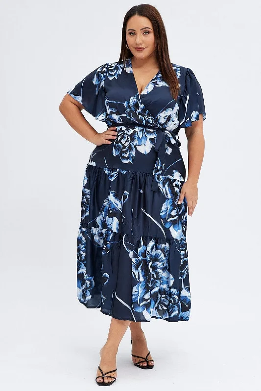 Blue Abstract Midi Dress Cross Front Flare Sleeve Satin