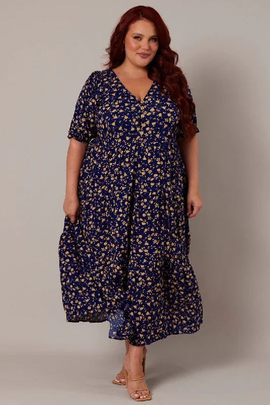 Midi dresses with lace - up fronts for a unique and adjustable styleBlue Ditsy Crinkle Button Through Smock Midi Dress