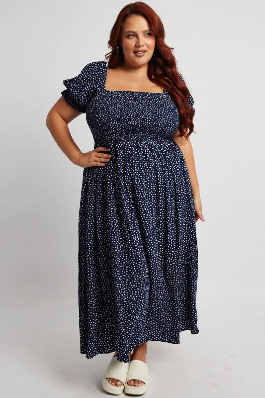 Plaid midi dresses for a fall - themed family gatheringBlue Ditsy Midi Dress Short Sleeve Shirred