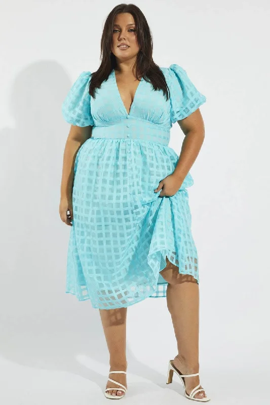 Midi dresses with off - the - shoulder necklines for a flirty lookBlue Grid Check Midi Dress