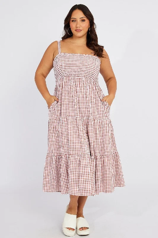 A - line midi dresses with floral prints for spring brunchesBrown Check Shirred Bodice Frill Gingham Midi Dress