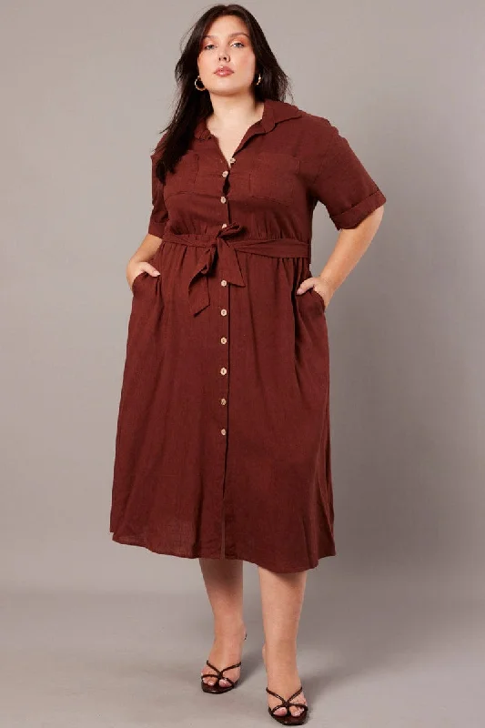 High - low midi dresses with geometric patterns for a modern partyBrown Midi Dress Puff Sleeve Belted With Pockets