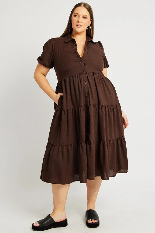 Midi dresses with mesh inserts for a trendy and breathable optionBrown Midi Dress Short Sleeve Shirt