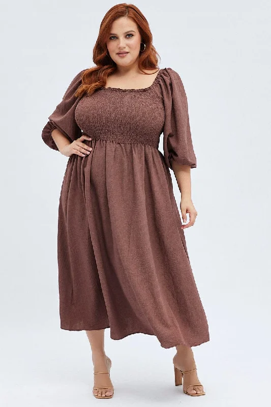 Brown Midi Dress Textured Puff Sleeve Off Shoulder