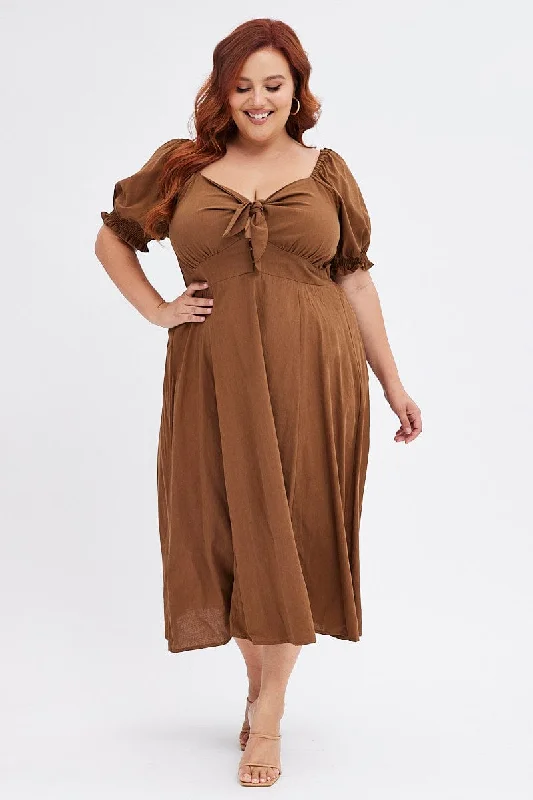 Brown Tie Front Button Midi Dress