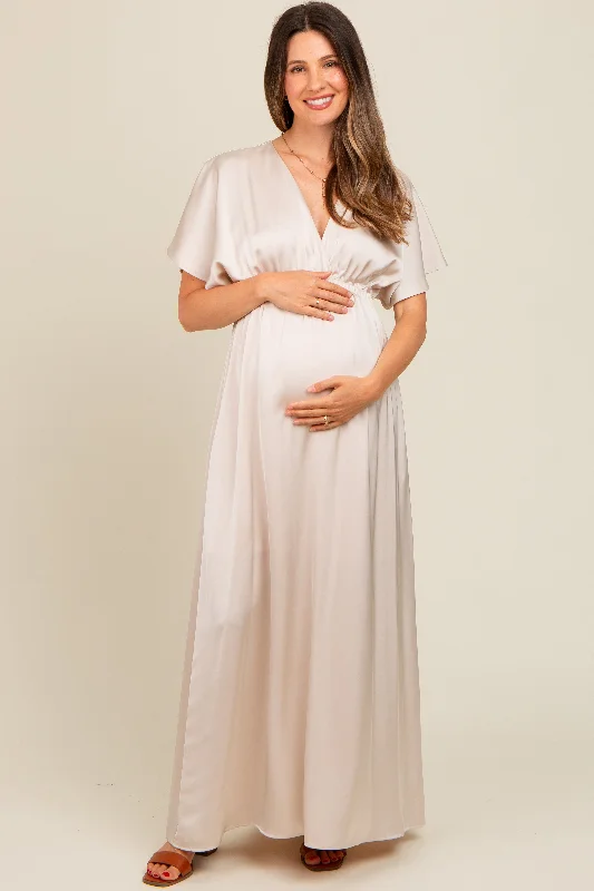 Midi dresses with ruffled bodices for a more pronounced feminine lookCream Satin V-Neck Flutter Short Sleeve Maternity Maxi Dress
