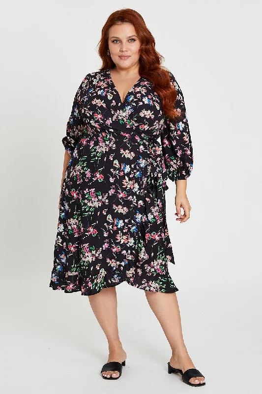 Midi dresses with lace - up fronts for a unique and adjustable styleFloral Print Maxi Dress V-neck Long Sleeve
