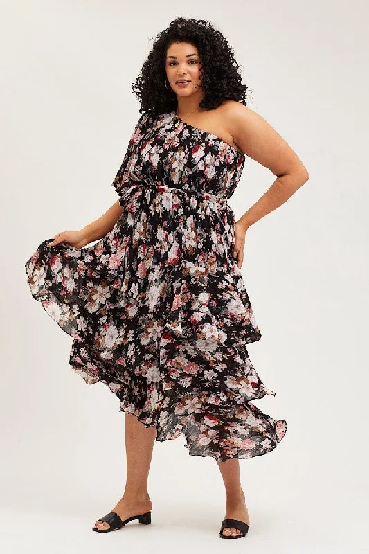 Midi dresses with tiered skirts for a bohemian festival lookFloral Print Midi Dress One Shoulder Long Sleeve