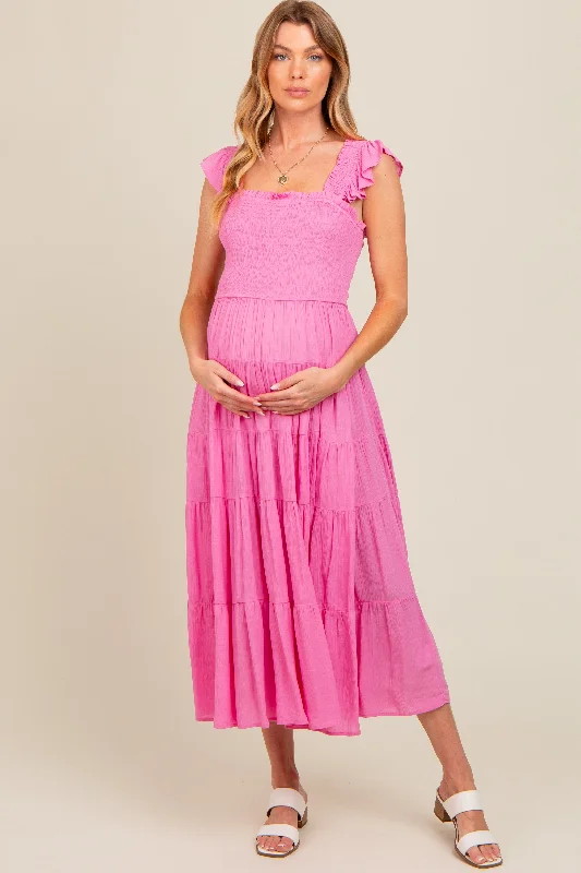Midi dresses with off - the - shoulder necklines for a flirty lookFuchsia Smocked Tiered Ruffle Strap Maternity Midi Dress