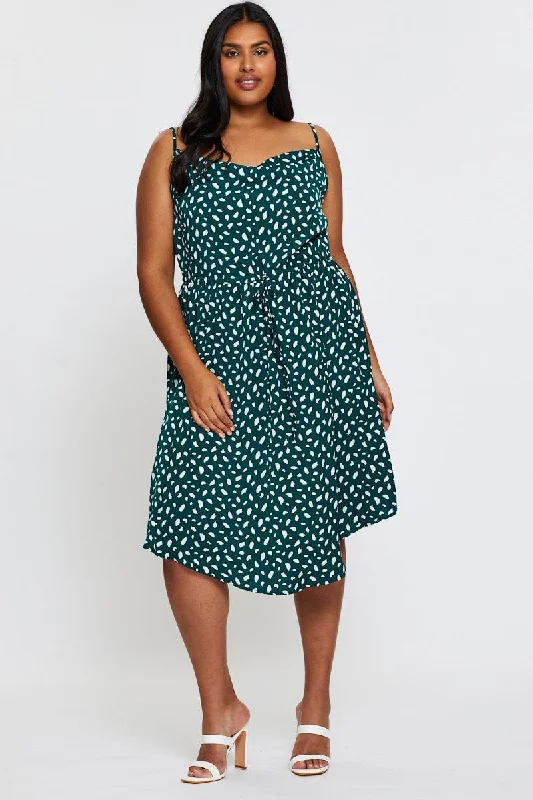 Midi dresses with V - necklines for a flattering and elongating effectGeo Print Midi Satin Dress Cowl Neck Sleeveless