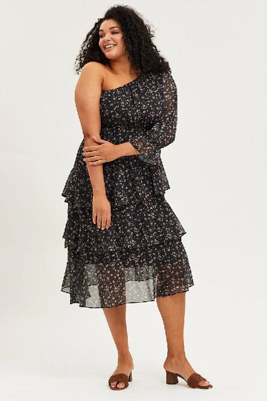 Midi dresses with ribbed textures for a unique and tactile appearanceGeo Print One Sleeve Floral Midi Dress