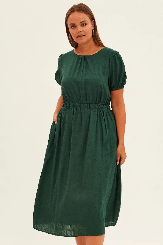 Green Midi Dress Cutout Back Puff Sleeve Linen Blend