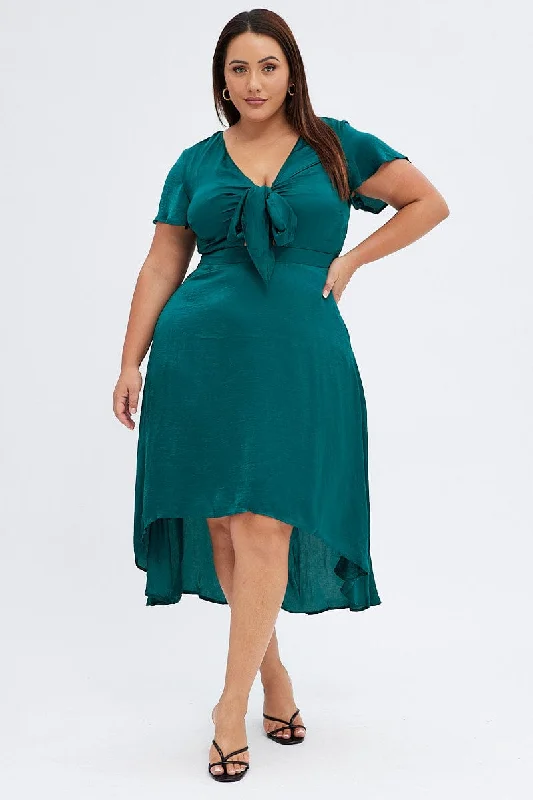 Green Midi Dress Short Sleeve Tie Back Satin