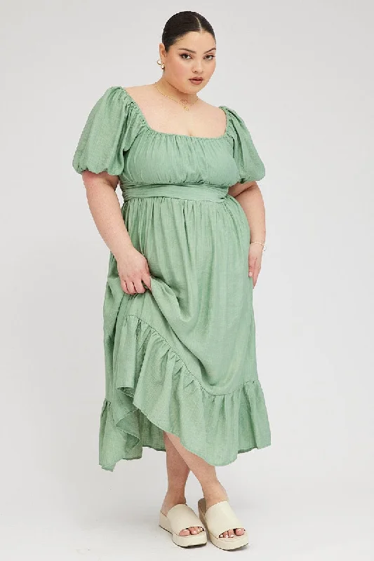 Midi dresses with animal prints for a bold and confident appearanceGreen Midi Dress Tie Back Short Sleeve