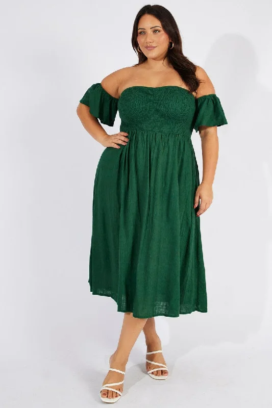 Midi dresses with polka dot prints for a playful summer outfitGreen Off Shoulder Flutter Sleeve Midi Dress
