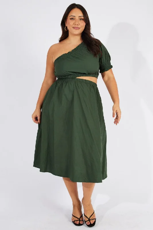 Midi dresses with wrap - around skirts for a customizable fitGreen One Sleeve Cotton Midi Dress With Pockets