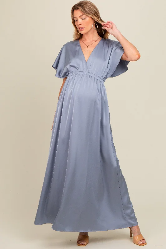 Midi dresses with animal prints for a bold and confident appearanceGrey Satin V-Neck Flutter Short Sleeve Maternity Maxi Dress