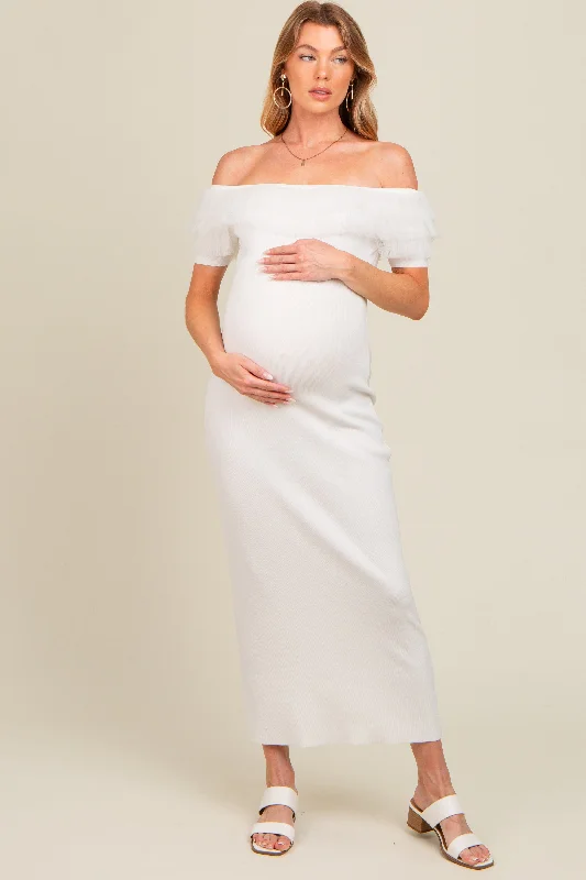 Midi dresses with button - front designs for a classic touchIvory Tulle Ruffle Off Shoulder Sweater Maternity Midi Dress
