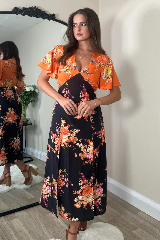 Midi dresses with embroidered accents for a unique and detailed designLevi V Neck Angel Sleeve Split Leg Midi Dress Orange Black