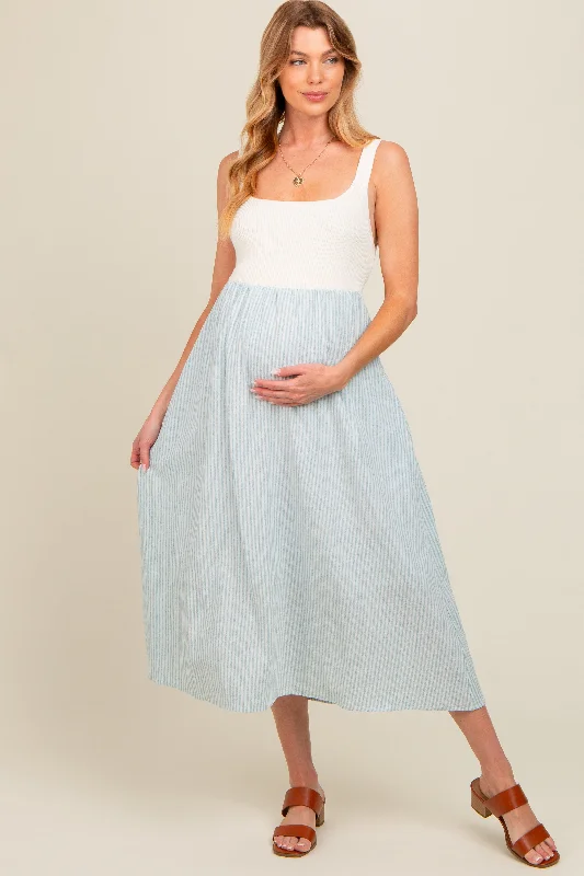 High - low midi dresses with geometric patterns for a modern partyLight Blue Striped Knit Contrast Maternity Midi Dress
