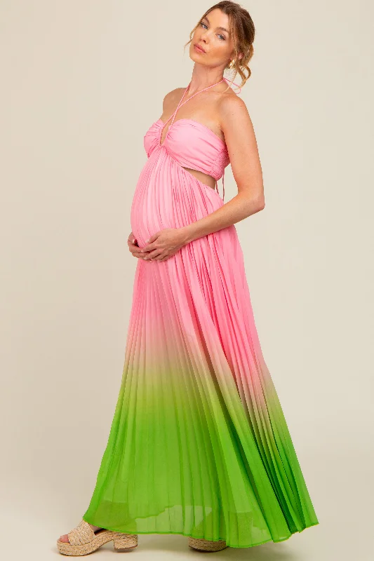 Midi dresses with gathered skirts for a full and flowing silhouetteLight Pink Ombre Pleated Halter Cutout Maternity Maxi Dress