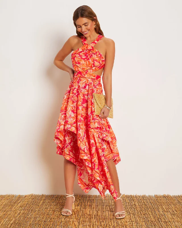 Midi dresses with printed lining for a hidden and stylish detailMariela Halter Cutout Asymmetrical Midi Dress