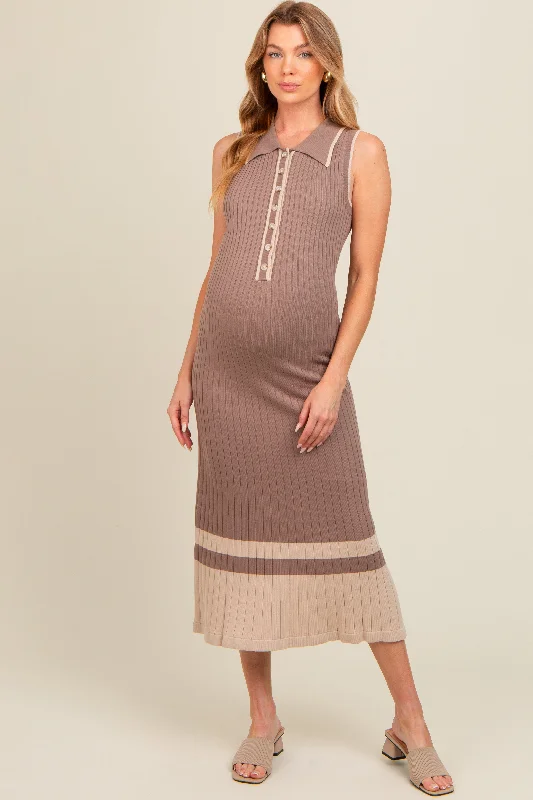 Wrap - style midi dresses in silk for a sophisticated office lookMocha Knit Button Front Contrast Border Maternity Midi Dress