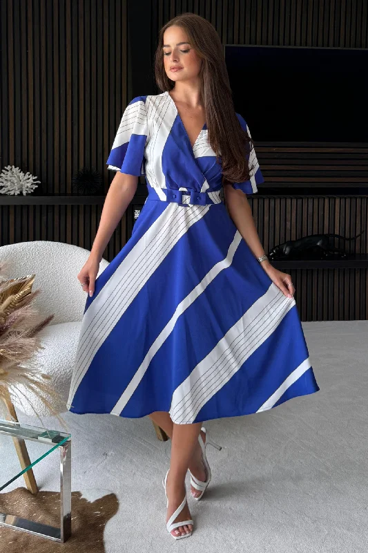 Midi dresses with ribbed textures for a unique and tactile appearanceNadine Cobalt Stripe Wrap Detail Midi Dress