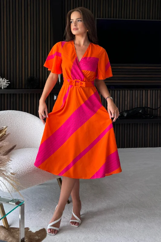 Midi dresses with ruffled hems for a romantic date nightNadine Orange Stripe Wrap Detail Midi Dress