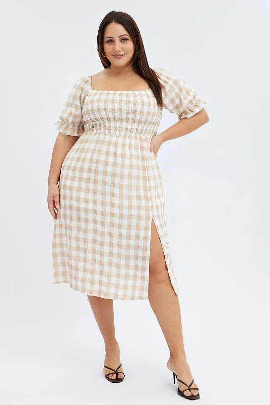 Midi dresses with ruffled bodices for a more pronounced feminine lookNude Check Midi Dress Split Front Large Gingham Check
