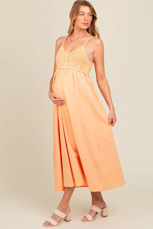 Midi dresses with wrap - around skirts for a customizable fitPeach V-Neck Crochet Top Maternity Midi Dress