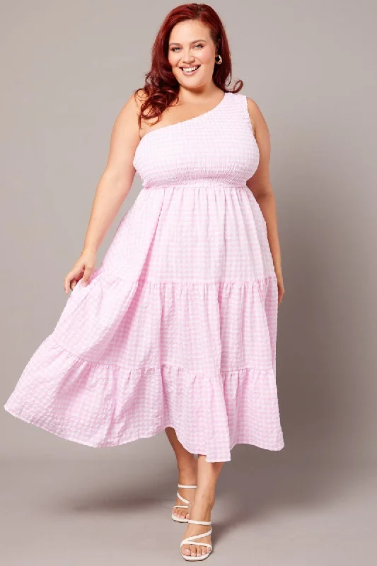 Midi dresses with ruffled hems for a romantic date nightPink Check Midi Dress One Shoulder