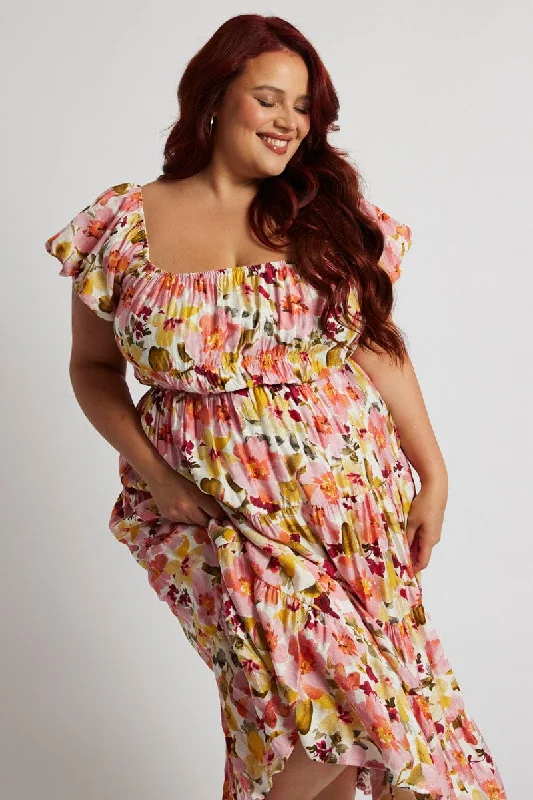 Midi dresses with empire waists for a flattering maternity optionPink Floral Midi Dress Short Sleeve Ruched