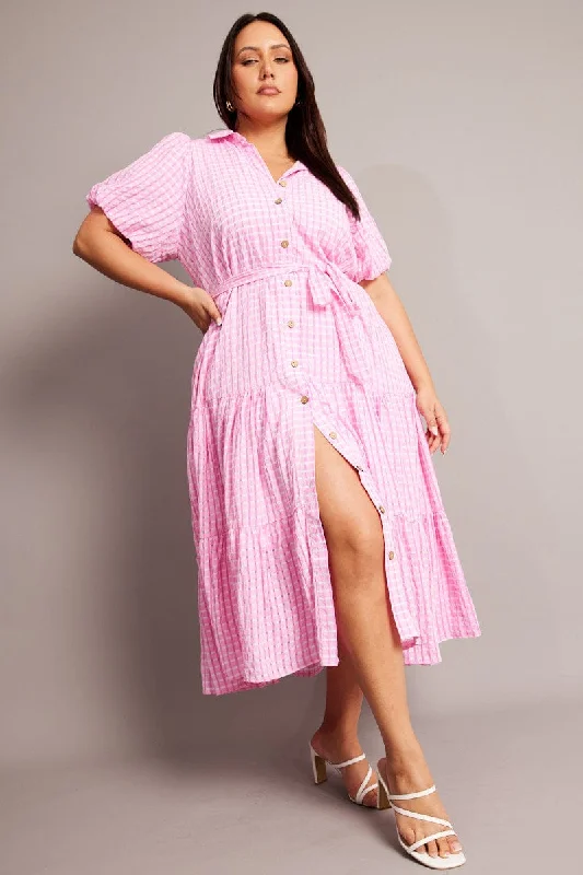 Midi dresses with printed lining for a hidden and stylish detailPink Midi Dress Short Sleeve Shirt Check