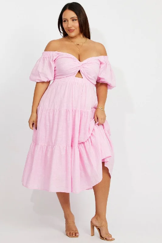 Sleeveless midi dresses with lace details for summer weddingsPink Midi Dress Short Sleeve Twist Front