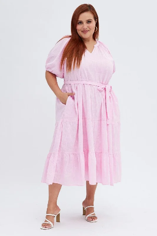 Pink Midi Dress Tiered Notch Collar Belted