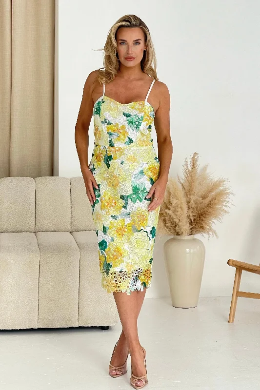 Poppy Green Floral Lace Midi Dress