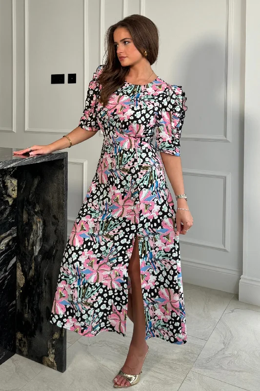Midi dresses with empire waists for a flattering maternity optionSamira Black Pink Floral Frill Sleeve Midi Dress