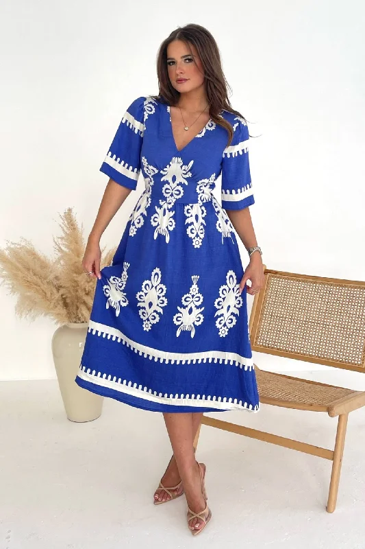 Midi dresses with asymmetric hems for a fashion - forward and dynamic appearanceSuzanne Cobalt Boarder Midi Dress