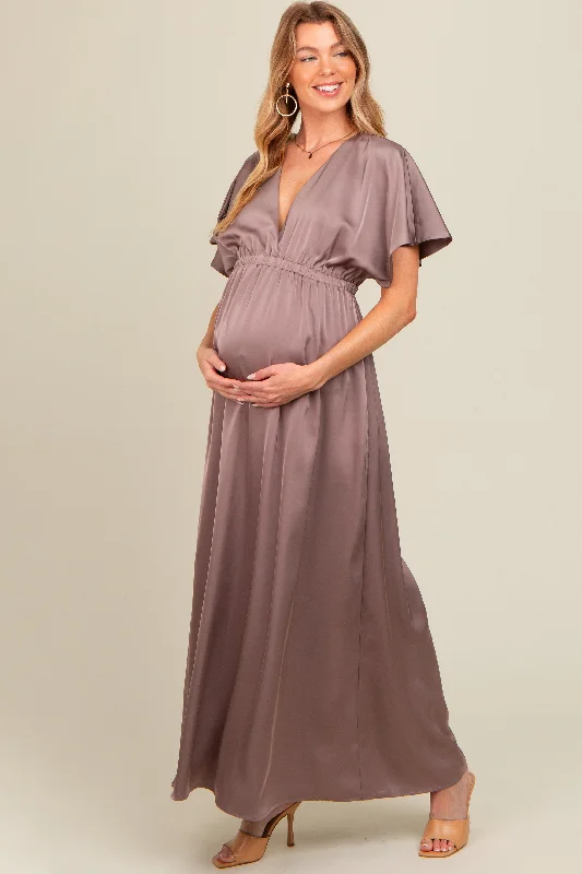 Midi dresses with printed lining for a hidden and stylish detailTaupe Satin V-Neck Flutter Short Sleeve Maternity Maxi Dress