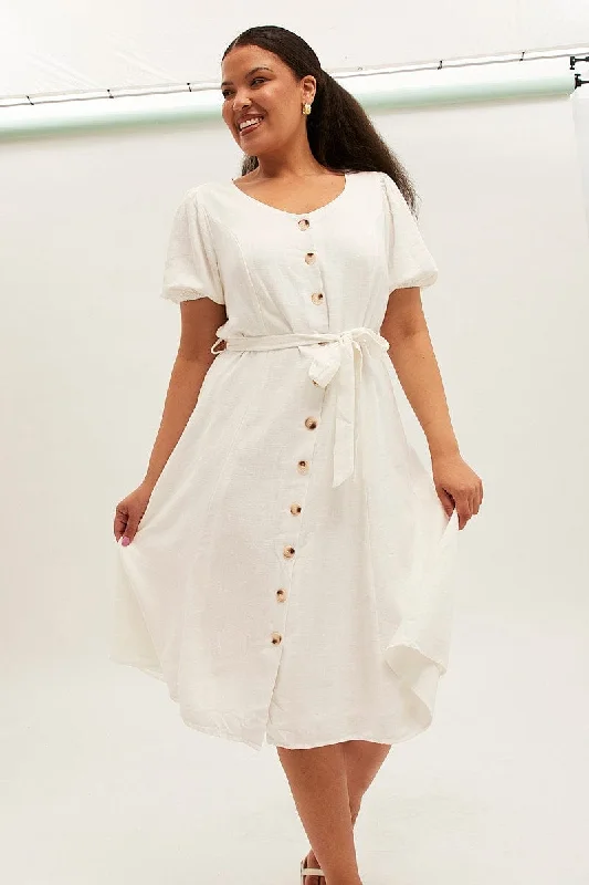 White Midi Dress Button Through Linen Blend