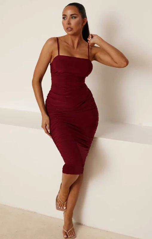 Midi dresses with one - shoulder designs for a modern and asymmetric styleWine Slinky Ruched Thin Strap Midi Dress - Vienna