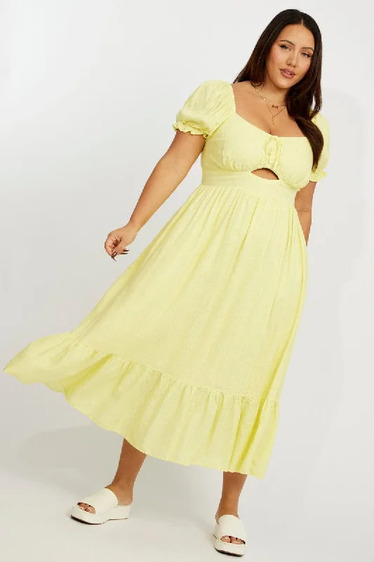 Midi dresses with metallic threads for a glamorous evening eventYellow Midi Dress Short Sleeve Ruched Bust
